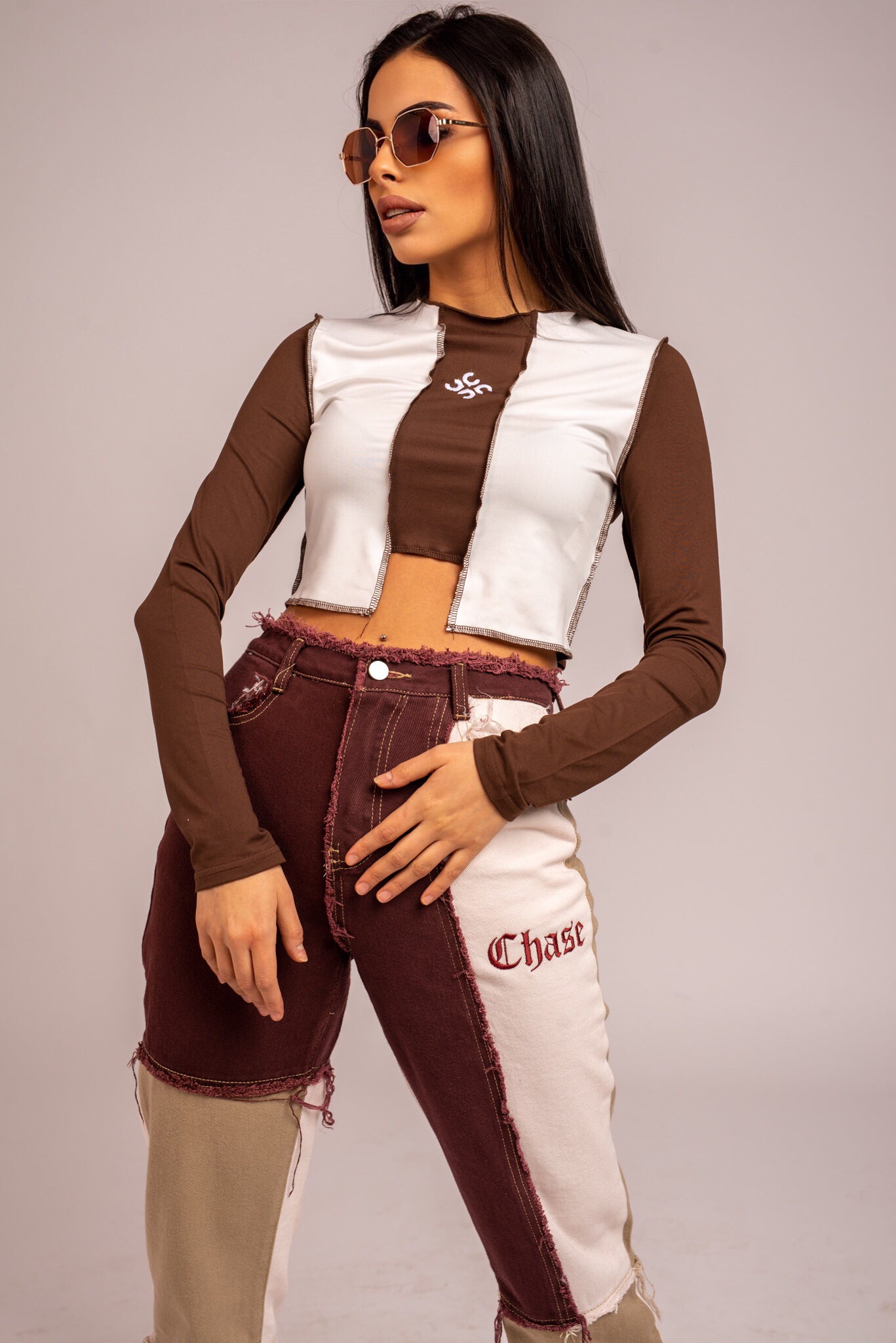 Women's Colorblock Brown Crop Top