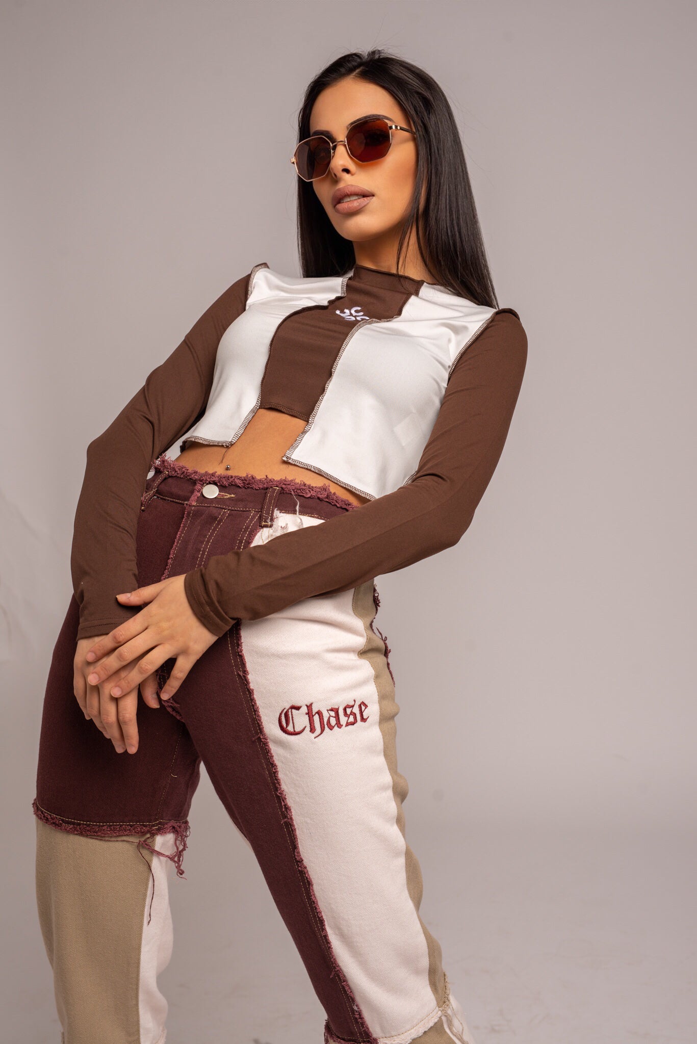 Women's Colorblock Brown Crop Top