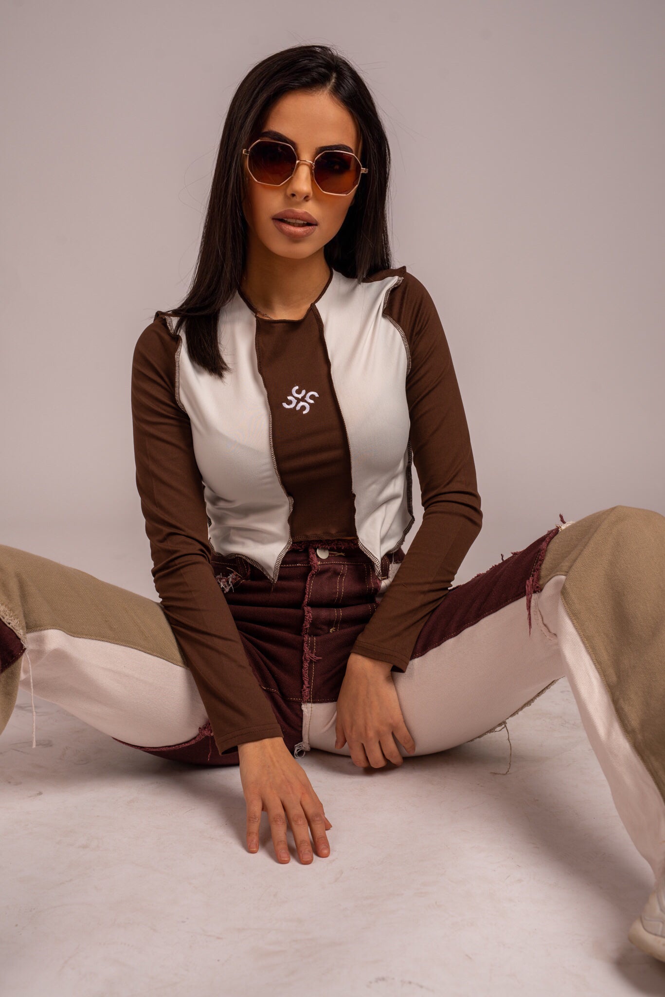 Women's Colorblock Brown Crop Top