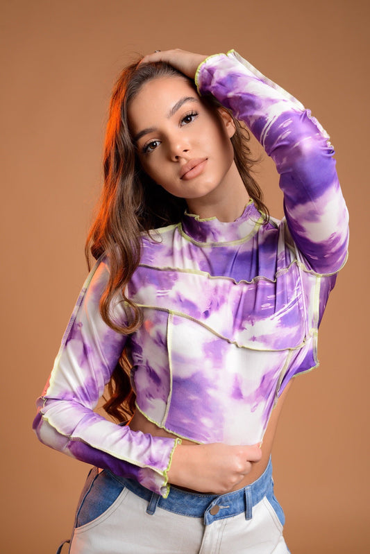 Tie Dye Lettuce Trim Mock Neck Crop Tee